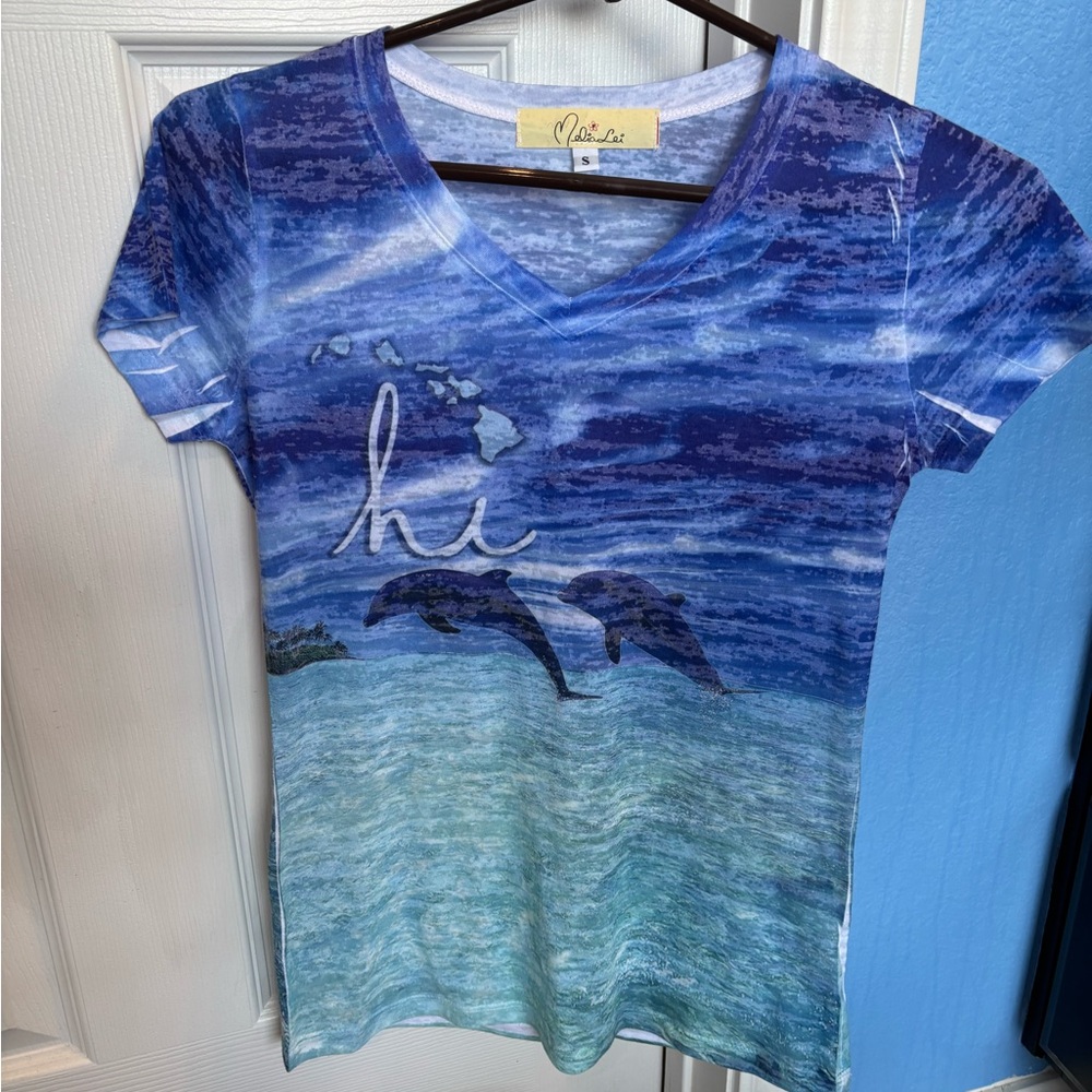 Blue Graphic Tee with Dolphins
